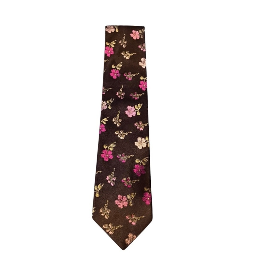 Ted Baker London Men's Silk Necktie Brown Pink Flowers Floral Made In USA